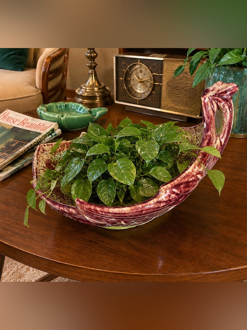 Vintage 1950s-60s McCoy USA Leaf Planter Jardiniere Burgundy Green Pottery